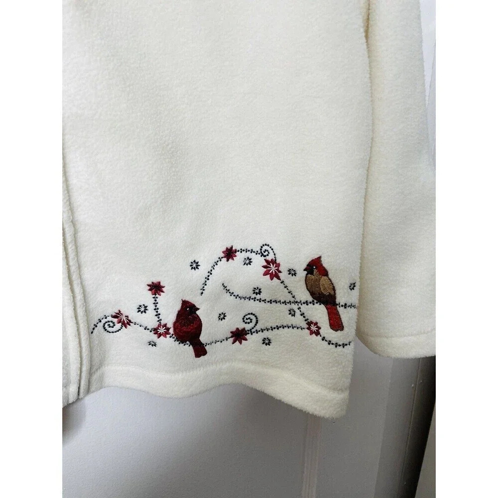 Croft & Barrow Pullover Fleece Sweater M Embroidered Cardinal Bird Flowers Ivory - Picture 3 of 9